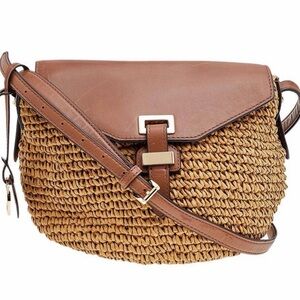 Michael Kors Cognac Brown Woven Straw Leather Trim Naomi Crossbody Shoulder Bag